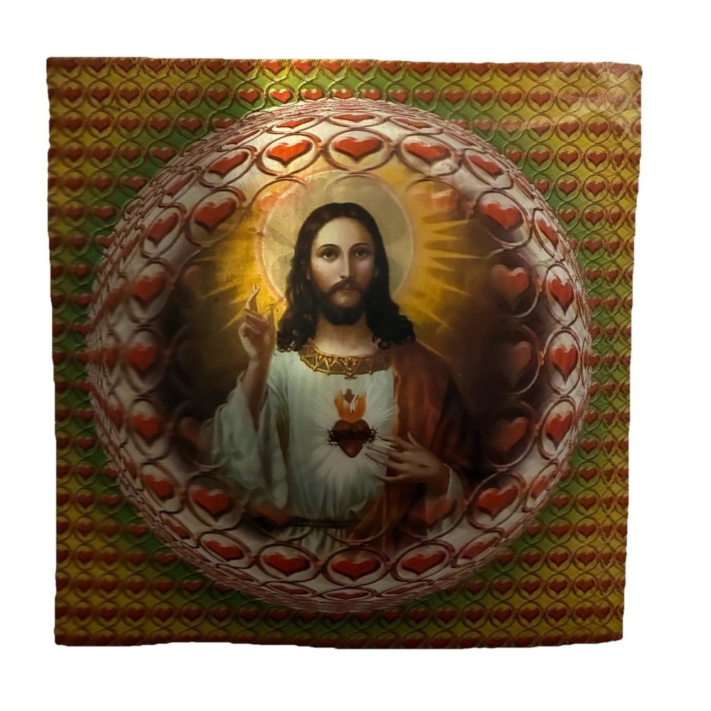 Vintage Sacred Heart Of Jesus 3D Lenticular Print Catholic Religious 12.5x12.5"